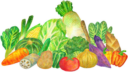 山盛りの野菜のイラスト オイルパステル画