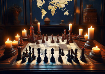 地図の上でチェスをする　様々な大きさの蝋燭の炎が燃える