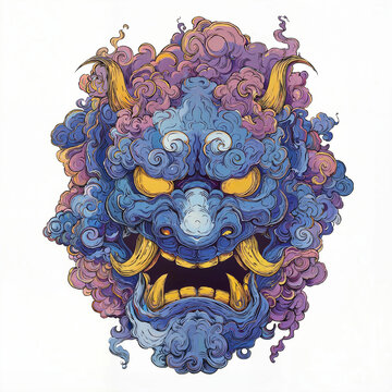 Vibrant Japanese Hannya Mask Art
