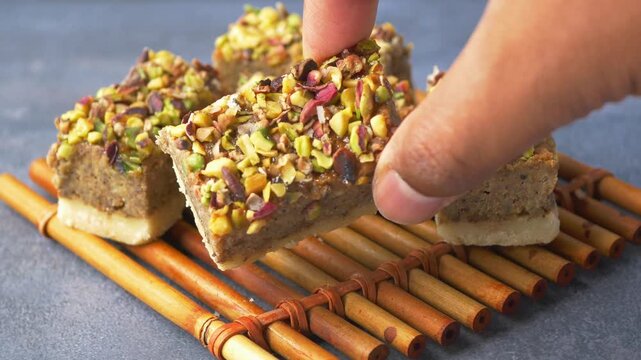 Hand picks up delicious rectangular dessert topped with pistachios and walnuts from a bamboo mat