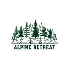 Fototapeta premium Alpine Retreat camping logo with tent, pine trees and campfire in forest landscape.