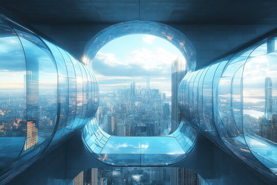 Futuristic city with unique architecture.
