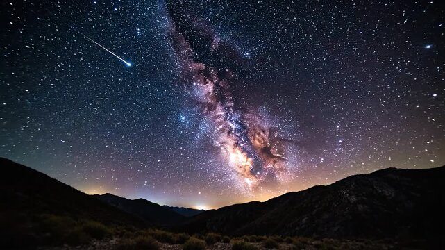Spectacular Milky Way Galaxy Arching Over Silhouetted Mountains Under a Starry Night Sky with a Shooting Star.