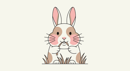 Obraz premium Adorable cartoon bunny rabbit with pink cheeks eating a twig in the grass whimsical illustration pastel colors perfect for children's designs and springtime themes