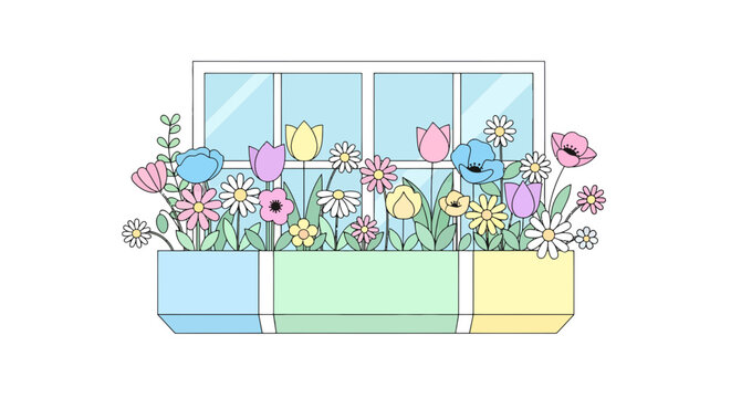 Window box bursting with vibrant pastel flowers daisies tulips and poppies in a cheerful display of spring colors in a cartoon style