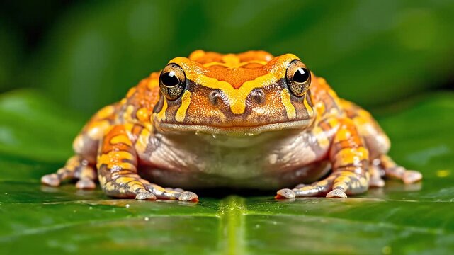 Closeup front view of a vibrant orange and yellow striped frog sitting on a large green leaf with a blurred green background in a natural environment.