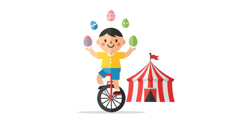 Cartoon boy juggling Easter eggs on a unicycle near a circus tent in a colorful vector illustration for fun holiday designs © Muhammad
