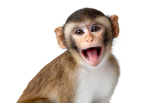 A cheerful monkey with a wide-open mouth against a white isolated background.