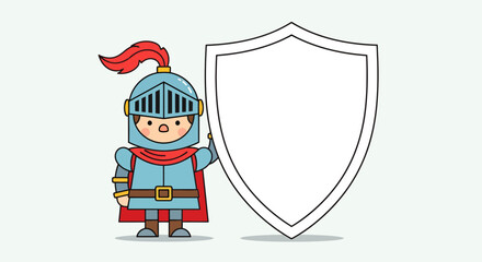 Naklejka premium Cartoon knight holding blank shield illustration medieval armor red plume flat design for sticker infographic element