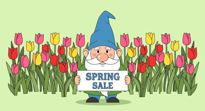 Cartoon gnome holding Spring Sale sign standing among colorful tulips in a garden illustration for seasonal advertising and promotions