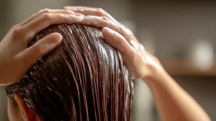 Naklejka premium Woman Applying Hair Conditioner or Mask for Deep Nourishment and Hydration Treatment in Bathroom