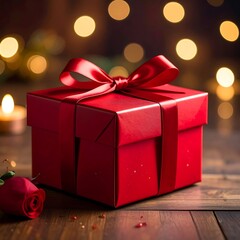 Obraz premium A red gift box with a ribbon on a wooden table with a rose