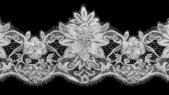Seamless white Chantilly eyelash lace trim with flowing delicate pattern, decorative border design for fabric and fashion, elegant textile detail with transparent background