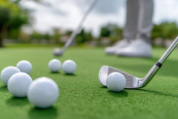 Golf Practice Session: Close-up of Golf Balls and Club on Green Putting Surface for Skill Enhancement