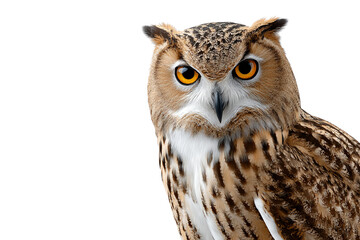 Obraz premium Majestic owl with striking orange eyes and detailed feathers, isolated on a white background.