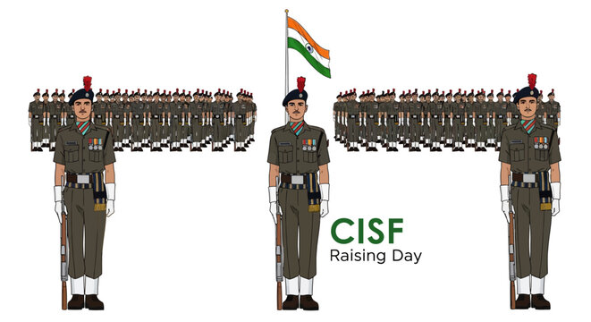 Illustration of Indian CISF soldiers in uniform standing at attention during Parade Ceremony on CISF Raising Day, with national flag and troops in formation, conveying patriotism and