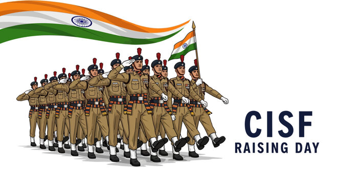 Illustration of CISF personnel marching in parade on CISF Raising Day with Indian flag, symbolizing patriotism and national security.