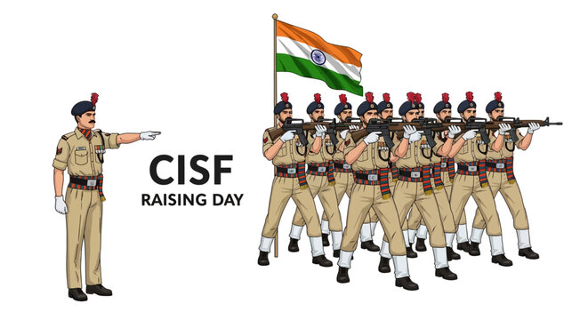Illustration of CISF Raising Day parade ceremony with soldiers marching and saluting in Indian uniform, holding guns and flag, symbolizing patriotism and national security on March 10.