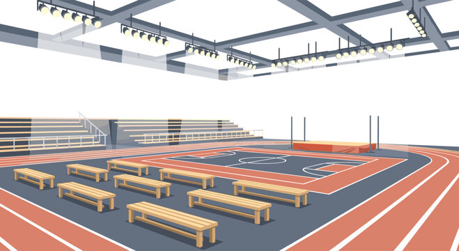An empty indoor sports arena features a running track, a central basketball court, and rows of wooden spectator benches under bright overhead lights.