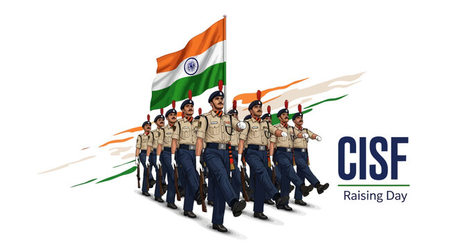 Illustration of CISF soldiers marching with Indian flag on CISF Raising Day, a paramilitary force anniversary celebration with patriotic theme.