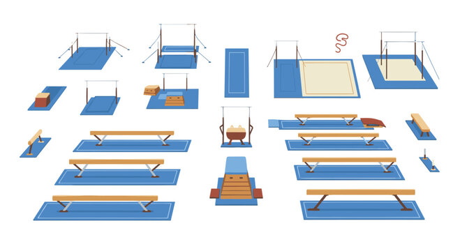 A comprehensive collection of diverse gymnastics equipment including balance beams, uneven bars, vaulting boxes, and landing mats is neatly arranged on a white background.