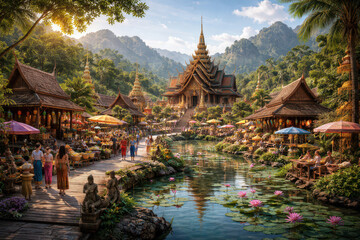 Fototapeta premium A vibrant, serene riverside village with traditional architecture and lush mountains.