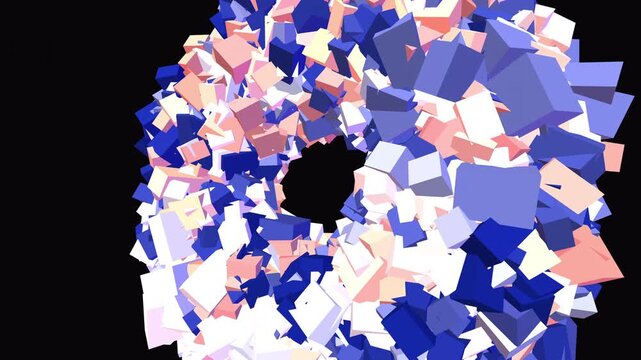 Seamless 4K procedural VJ loop of massive iridescent brutalist cubes rotating in a toroidal formation. High-contrast 3D geometry perfect for Resolume, EDM stage visuals, and projection mapping.
