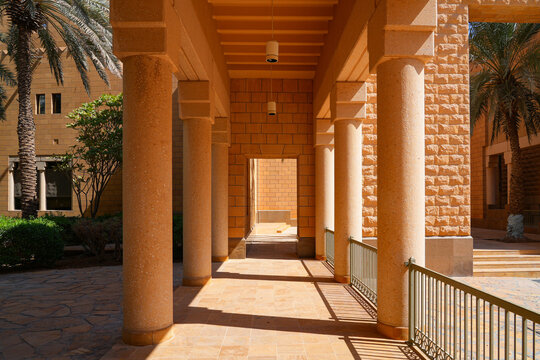 Perspective of a traditional colonnade at Murabba Historical Palace in Riyadh, Saudi Arabia