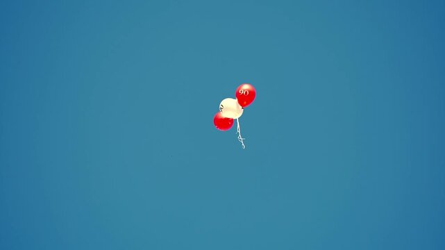 Balloon red white sky blue helium floating minimalism celebration party, trio balloons drifting high, clean open background wide empty area, vivid cluster with string, ample copy space, calm mood