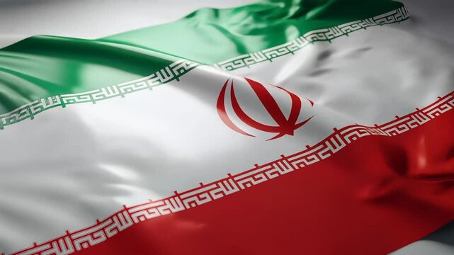 iran flag waving closeup with green white red stripes and emblem
