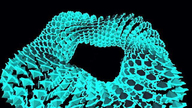 Seamless 4K procedural VJ loop of a dark titanium and neon cyan quantum polyhedron halo in 3D rotation. Perfect for Resolume, EDM stage visuals, projection mapping, and tech backgrounds.