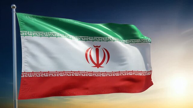 iran flag waving in sunlit sky with emblem, green white red stripes, national symbol