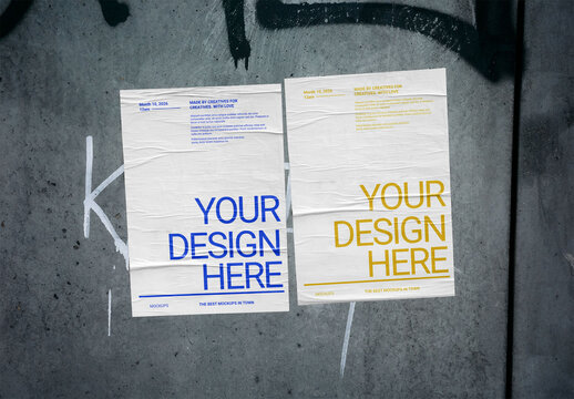 Mockup Of Customizable Vertical Posters Pasted On Wall