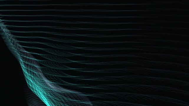 Seamless procedural 4K VJ loop of dark cyber-titanium and neon cyan magnetic ribbons undulating in complex harmonic waves. Ideal for Resolume, tech keynotes, EDM stages, and projection mapping.