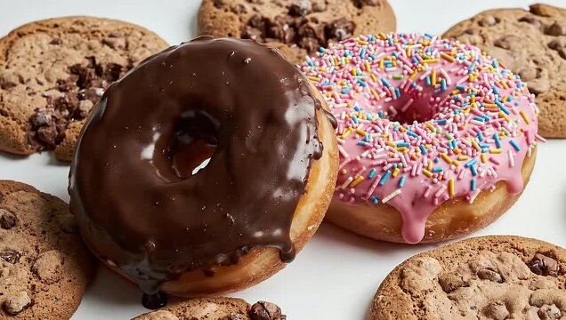 Delicious Donuts and Chocolate Chip Cookies on a White Background.