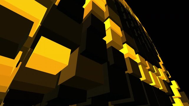 Seamless 4K procedural VJ loop of brutalist monolithic cubes shifting with hydraulic precision. Golden lighting on an obsidian grid. Ideal for Resolume, EDM stage visuals, and projection mapping.
