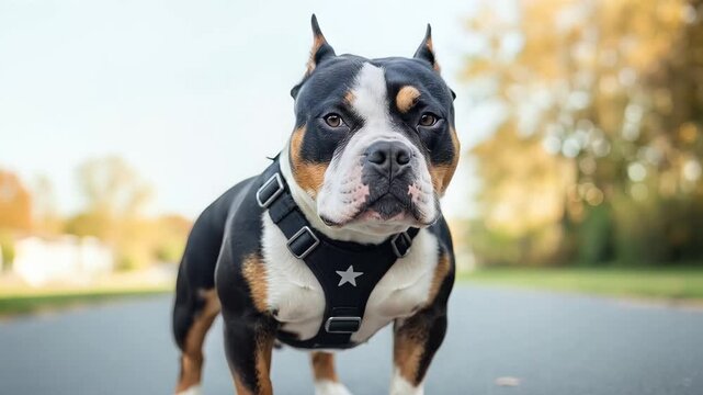 low angle bulldog on autumn road closeup outdoors