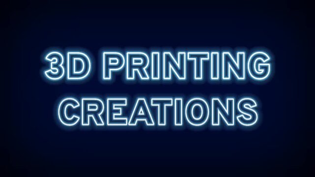 Blue neon 3D printing creations text for additive manufacturing technology and industrial prototyping design studio concept
