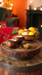 Fototapeta premium A wooden tray holds two mugs and a small bowl beside a fruit bowl with oranges and lemons, and a fireplace in the blurred background