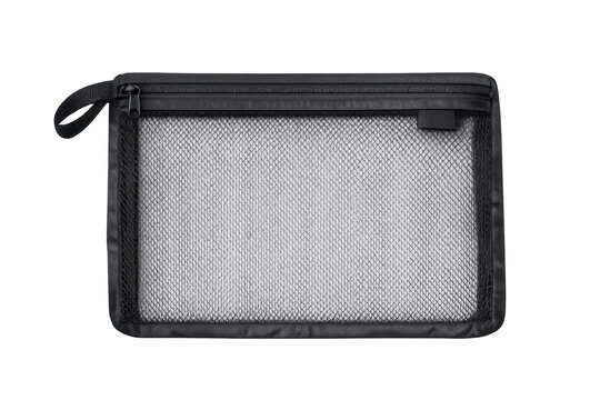 Black mesh zipper pouch organizer on transparent background