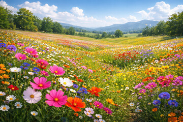 A vibrant field of wildflowers under a bright blue sky.