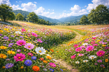 Fototapeta premium A vibrant field filled with colorful wildflowers and a scenic mountain background.