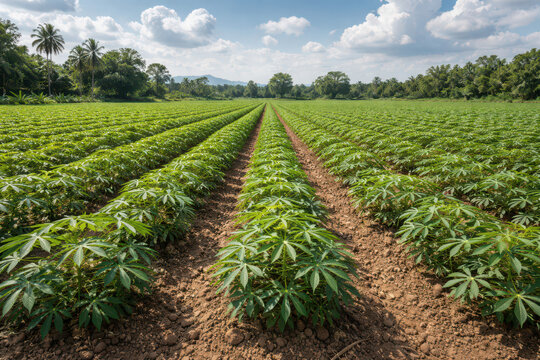 A vast field of lush green cassava plants under a blue sky.