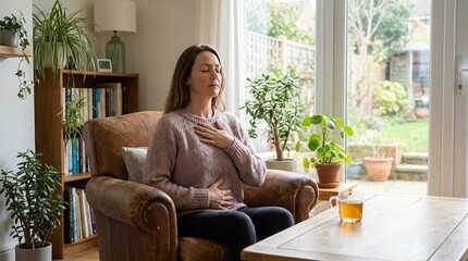 Caucasian woman meditating on sofa in bright living room, hand on chest practicing mindful breathing, calm self care at home, wellness routine for Mental Health Awareness
