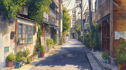Naklejka premium 細い通りが続く住宅街の路地裏を描いた水彩風景イラスト、建物と植物が並ぶ生活感ある街並み、昭和レトロ、懐かしい日常、散歩道の空気感を表現、動画制作や広告ビジュアルに使える背景素材