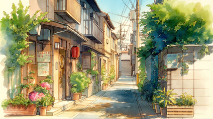 細い通りが続く住宅街の路地裏を描いた水彩風景イラスト、建物と植物が並ぶ生活感ある街並み、昭和レトロ、懐かしい日常、散歩道の空気感を表現、動画制作や広告ビジュアルに使える背景素材