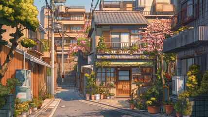 細い路地と建物が続く住宅街の水彩風景イラスト、玄関前の鉢植えや静かな通りの空気感を描写、昭和レトロ、ノスタルジー、日常生活、散歩道をイメージ、動画サムネイルや広告背景に使える街並み素材