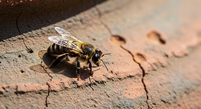 A bee stands on cracked earth surface with wings slightly spread in sunlight
