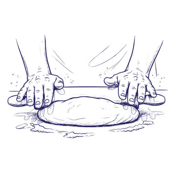 hands rolling out dough with a rolling pin on a floured surface for baking bread or pastry