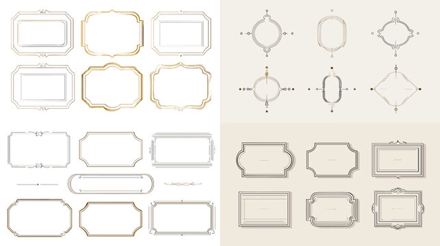 Elegant vintage frames and rectangular borders in gold and beige line style. Minimal decorative template set for invitations, certificates, stationery, labels and luxury branding.